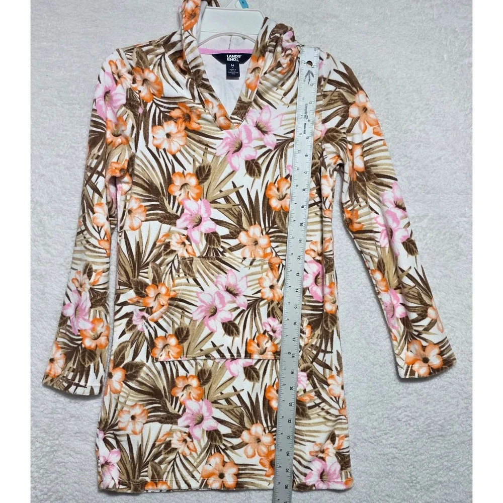 Lands End Girls White Tropic Palm Terry Cloth Hooded Swim Cover-Up Size M 8